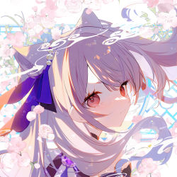 1girl blue_ribbon closed_mouth commentary_request cone_hair_bun expressionless flower from_behind genshin_impact hair_bun hair_ribbon highres keqing_(genshin_impact) long_hair looking_back pink_flower portrait purple_hair ribbon solo wkwk0217