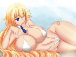 Rule 34 | 1girl, beach, bikini, blonde hair, blue eyes, breasts, cleavage, covered erect nipples, curvy, fate/apocrypha, fate/grand order, fate (series), huge breasts, jeanne d&#039;arc (fate), jeanne d&#039;arc (ruler) (fate), kommankom, long hair, lying, navel, necktie, on side, one eye closed, smile, solo, swimsuit, thick thighs, thighs, wide hips