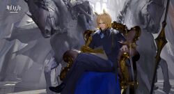 Rule 34 | 1boy, 24kswj-shouwangjun, absurdres, animal ear fluff, animal ears, arknights, armored gloves, blonde hair, blue pants, blue suit, closed mouth, commentary, copyright name, formal, gloves, highres, horse boy, horse ears, jacket, looking at viewer, male focus, mlynar (arknights), necktie, pants, planted, short hair, single glove, sitting, solo, statue, suit, suit jacket, sword, throne, weapon, white necktie, yellow eyes