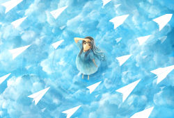 Rule 34 | 1girl, cloud, from above, long hair, looking up, original, paper airplane, reflection, ripples, sakimori (hououbds), solo, water, water world