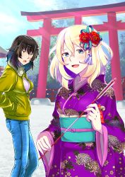 Rule 34 | 10s, 2girls, andou (girls und panzer), architecture, arrow (projectile), bell, black hair, blonde hair, blue eyes, blue pants, blurry, blurry background, brown eyes, building, casual, cloud, cloudy sky, commentary, dark-skinned female, dark skin, day, denim, east asian architecture, floral print, flower, formal, from side, girls und panzer, hair flower, hair ornament, hands in pockets, highres, holding, holding arrow, jacket, japanese clothes, jeans, kimono, long sleeves, looking at another, looking at viewer, medium hair, messy hair, multiple girls, new year, obi, open mouth, oshida (girls und panzer), outdoors, pants, print kimono, purple kimono, purple shirt, ranka (yachou no kai), sash, shirt, sky, smile, standing, sunlight, torii, tree, unzipped, wide sleeves, yellow jacket