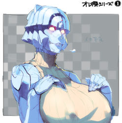 Rule 34 | 1girl, breast suppress, breasts, checkered background, covered erect nipples, glowing, glowing eyes, highres, huge breasts, namaniku atk, original, ribbed sweater, robot, sleeveless, sleeveless turtleneck, solo, sweater, translation request, turtleneck