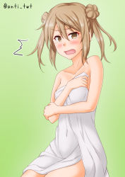 Rule 34 | 1girl, ^^^, anti (untea9), bare shoulders, commentary request, double bun, flat chest, gradient background, green background, hair bun, highres, kantai collection, light brown hair, looking at viewer, michishio (kancolle), naked towel, open mouth, short twintails, sitting, solo, towel, twintails, yellow eyes