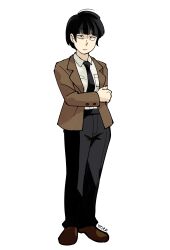 Rule 34 | 1girl, aged up, black hair, black necktie, black pants, breasts, brown footwear, brown jacket, closed mouth, collared shirt, commentary, english commentary, full body, genderswap, genderswap (mtf), highres, jacket, kageyama shigeo, kyokyeo, long sleeves, looking at viewer, medium breasts, mob psycho 100, necktie, pants, shirt, shoes, short hair, simple background, solo, standing, white background, white shirt