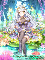 Rule 34 | 1girl, armlet, black thighhighs, blush, bow (weapon), breasts, bug, butterfly, company name, day, dragon tactics, dress, gold trim, insect, lily pad, long hair, looking at viewer, medium breasts, official art, outdoors, purple dress, silver hair, sitting, skirt, smile, soaking feet, solo, tayashitsu, thighhighs, very long hair, water, weapon, white skirt, yellow eyes