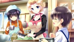 Rule 34 | 1boy, 2girls, apron, blonde hair, blue eyes, blush, breasts, cleavage, cooking, earrings, elvira (golden marriage), closed eyes, food, game cg, golden marriage, happy, hayakawa harui, highres, jewelry, kitchen, looking down, multiple girls, open mouth, purple hair, shimakage ruri, short hair, smile, standing, yellow eyes