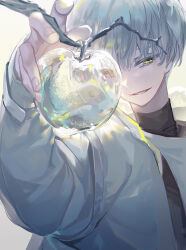 Rule 34 | 1boy, apple, arene (arknights), arknights, branch, commentary, english commentary, food, foreshortening, fruit, green eyes, grey hair, hair between eyes, jacket, looking at viewer, male focus, mizukai, see-through, shirt, short hair, simple background, smile, smirk, solo, turtleneck, turtleneck shirt, upper body, white background