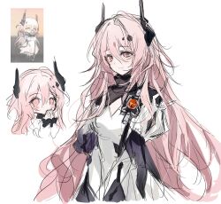 Rule 34 | 1girl, arknights, black horns, blush stickers, closed mouth, dress, highres, horns, long hair, looking at viewer, looking to the side, multiple views, pink eyes, pink hair, simple background, smile, theresa (arknights), upper body, very long hair, white background, white dress, xx9106
