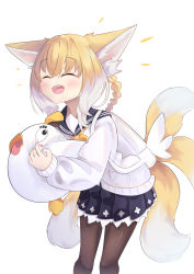 Rule 34 | 1girl, absurdres, alternate costume, animal ears, arknights, artist request, black pantyhose, blue archive, closed eyes, cosplay, fox ears, fox tail, hifumi (blue archive), hifumi (blue archive) (cosplay), highres, holding, long sleeves, multiple tails, pantyhose, peroro (blue archive), pleated skirt, school uniform, simple background, skirt, smile, stuffed animal, stuffed bird, stuffed toy, suzuran (arknights), tail, white background