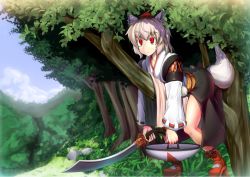 Rule 34 | 1girl, animal ears, bare legs, branch, detached sleeves, female focus, forest, geta, grey hair, hat, hinami (hinatamizu), holding, in tree, inubashiri momiji, japanese clothes, kourindou tengu costume, lying, nature, on stomach, red eyes, shield, shoes, short hair, solo, sword, tail, tokin hat, touhou, tree, branch, weapon, white hair, wolf ears, wolf tail