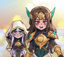 Rule 34 | 2girls, :d, armor, black bodysuit, blush, bodysuit, breasts, brown hair, covered navel, d:, day, diana (league of legends), facial mark, forehead mark, gloves, gold armor, hair ornament, hands up, league of legends, leona (league of legends), long hair, medium breasts, multiple girls, open mouth, outdoors, phantom ix row, red eyes, shoulder plates, shurima (league of legends), smile, sun, sweat, teeth, upper teeth only