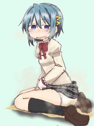 Rule 34 | 1girl, ass, between legs, black skirt, black socks, blue background, blue eyes, blue hair, blush, bow, bowtie, breasts, breath, brown footwear, clothes lift, embarrassed, female focus, from side, full body, hair ornament, hairclip, half-closed eyes, hand between legs, highres, juliet sleeves, kneehighs, long sleeves, looking at viewer, mahou shoujo madoka magica, miki sayaka, miniskirt, nose blush, open mouth, panties, peeing, peeing self, plaid, plaid skirt, pleated skirt, ponnu (tnpn2yw), puddle, puffy sleeves, red bow, red bowtie, school uniform, shirt, shoes, short hair, simple background, sitting, skirt, skirt lift, small breasts, socks, solo, steam, underwear, wavy mouth, wet, wet clothes, wet panties, white panties, yellow shirt
