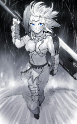 Rule 34 | 1girl, absurdres, blue eyes, blush, boots, character request, closed mouth, gloves, greatsword, halberd, highres, holding, holding weapon, huge weapon, looking at viewer, monster hunter (series), navel, niwarhythm, pelvic curtain, polearm, rain, smile, solo, standing, sword, weapon