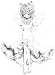 Rule 34 | 1girl, arms behind back, artist request, barefoot, cirno, dress, embodiment of scarlet devil, feet, female focus, full body, greyscale, hair ribbon, katzeh, looking down, monochrome, ribbon, short hair, simple background, smile, solo, touhou, white background, wings