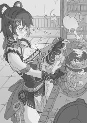 Rule 34 | 1girl, bare shoulders, blush, bow, bowtie, braid, braided hair rings, breasts, cleavage, commentary, cooking, fingerless gloves, fire, food, food on body, food on breasts, frying pan, genshin impact, gloves, greyscale, guoba (genshin impact), hair ornament, hair rings, hairclip, highres, holding, hxxg, indoors, ladle, leotard, looking down, medium breasts, monochrome, pelvic curtain, pyro (genshin impact), ribbon, short hair, stove, sweat, vision (genshin impact), xiangling (genshin impact)