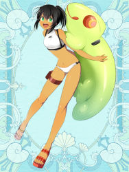 Rule 34 | 1girl, :d, black hair, blue background, breasts, dark-skinned female, dark skin, full body, green eyes, inflatable toy, kerberos blade, l (matador), looking at viewer, medium hair, midriff, navel, open mouth, pouch, red footwear, sandals, simple background, small breasts, smile, solo, standing, thigh pouch