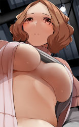 Rule 34 | 1girl, blush, breasts, brown eyes, brown hair, cleavage, clothes lift, from below, highres, large breasts, nemu (nebusokugimi), no bra, okumura haru, open clothes, persona, persona 5, pink sweater, ribbed sweater, short hair, solo, sweater, sweater lift, underboob, wavy hair