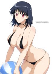 Rule 34 | 1girl, ball, bare arms, bare shoulders, beachball, bikini, black choker, black hair, blush, breasts, character name, choker, cleavage, commentary request, cowboy shot, halcon, highres, holding, holding ball, large breasts, leaning forward, looking at viewer, micro bikini, navel, parted lips, red eyes, school rumble, short hair, simple background, skindentation, solo, stomach, swimsuit, tsukamoto yakumo, white background