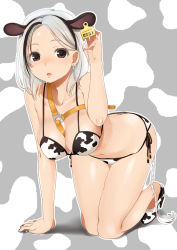 Rule 34 | 1girl, :o, all fours, animal ears, animal print, arm support, bikini, breasts, brown eyes, cleavage, cow ears, cow print, ear tag, earrings, fake animal ears, freckles, hanging breasts, high heels, jewelry, large breasts, looking at viewer, mattaku mousuke, nail polish, navel, original, parted lips, shiny skin, shoes, short hair, side-tie bikini bottom, silver hair, solo, swimsuit, tag