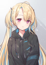 Rule 34 | 1girl, absurdres, ahoge, avatar 2.0 project, blonde hair, blue hair, breasts, closed mouth, highres, hood, hoodie, jacket, long hair, long sleeves, looking at viewer, medium breasts, minase shia, multicolored hair, pink eyes, sidelocks, simple background, solo, twintails, two-tone hair, two side up, very long hair, virtual youtuber, zky (oekaky)