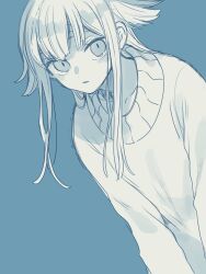 Rule 34 | 1girl, blue background, blue theme, collarbone, dot nose, hair flaps, highres, long hair, long sleeves, looking at viewer, maco22, monochrome, original, parted lips, sidelocks, solo, sweater, upper body