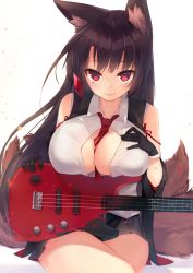Rule 34 | 1girl, absurdres, akagi (azur lane), akagi (muse) (azur lane), animal ear fluff, animal ears, azur lane, between breasts, black gloves, black hair, black kimono, black skirt, blush, breast rest, breasts, closed mouth, collared shirt, commentary request, crossed legs, electric guitar, fox ears, fox tail, gloves, guitar, hair ornament, hand on own chest, highres, instrument, japanese clothes, kimono, large breasts, long hair, looking at viewer, multiple tails, necktie, necktie between breasts, off shoulder, partially unbuttoned, pleated skirt, red eyes, red necktie, red ribbon, ribbon, sakura cha, shirt, simple background, sitting, skirt, sleeveless, sleeveless shirt, smile, solo, tail, white background, white shirt, wide sleeves