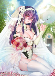 Rule 34 | 1girl, bird, blurry, blurry background, breasts, bridal veil, building, cleavage, collarbone, day, detached collar, detached sleeves, dress, feathers, flower, garter straps, hair between eyes, hairband, high heels, highres, ku rito (z/x), large breasts, leotard, long hair, looking at viewer, obiwan, official art, outdoors, purple hair, sitting, solo, strapless, strapless leotard, thighhighs, veil, wariza, wedding dress, yellow eyes, z/x