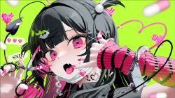 Rule 34 | 1girl, absurdres, aoishi pachira, arm warmers, black hair, blood, commentary, demon tail, fang, green background, hair bobbles, hair ornament, handcuff dangle, heart, highres, holding, holding scissors, looking at viewer, mask, mask pull, mouth mask, multicolored hair, nail polish, neck tattoo, open mouth, original, piercing, pill, pink blood, pink eyes, pink hair, scissors, striped arm warmers, tail, tattoo, thumb ring, tongue piercing, two-tone hair, two side up, upper body