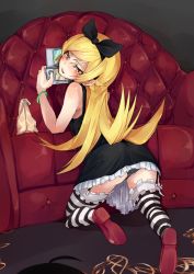 Rule 34 | 1boy, 1girl, ass, bad id, bad pixiv id, bag, bakemonogatari, black dress, black panties, blonde hair, blush, bracelet, couch, dress, fang, from behind, fu-ta, garter straps, gothic lolita, hair ornament, hairband, handheld game console, indoors, jewelry, kneeling, lolita fashion, long hair, looking at viewer, looking back, monogatari (series), nintendo 3ds, nintendo ds, oshino shinobu, panties, pantyshot, playing games, pov, shadow, solo, striped clothes, striped thighhighs, thighhighs, underwear, video game, yellow eyes