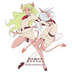 Rule 34 | 2boys, cosplay, crossdressing, demon tail, eyepatch, green hair, horns, inazuma eleven, inazuma eleven (series), kiu, kneesocks (character) (cosplay), kneesocks (psg), kneesocks (psg) (cosplay), long hair, looking back, midorikawa ryuuji, multiple boys, outstretched arms, panty &amp; stocking with garterbelt, sakuma jirou, scanty (cosplay), scanty (psg), scanty (psg) (cosplay), siblings, silver hair, single horn, sisters, spread arms, tail, thighhighs, trap