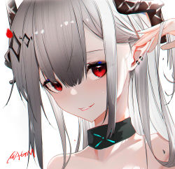 Rule 34 | 1girl, absurdres, arknights, arm up, bare shoulders, black choker, blush, choker, commentary request, earrings, hair between eyes, hair ornament, hairclip, highres, horns, jewelry, long hair, looking at viewer, material growth, mixed-language commentary, mudrock (arknights), nail polish, omone hokoma agm, oripathy lesion (arknights), parted lips, pointy ears, red eyes, red nails, sidelocks, signature, silver hair, smile, solo, upper body, white background