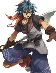 Rule 34 | 1boy, armor, bandana, belt, black shirt, blue eyes, blue hair, blue shorts, boots, brown gloves, chainmail, chrono cross, fighting stance, foot out of frame, gloves, hair between eyes, holding, holding weapon, jewelry, looking to the side, male focus, necklace, open mouth, outstretched arm, red bandana, red socks, serge (chrono cross), shirt, short hair, short sleeves, shorts, shouting, socks, solo, steel-toe boots, t-shirt, teeth, tokio (okt0w0), upper teeth only, weapon, white background