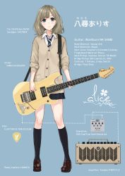 Rule 34 | 1girl, amplifier, ashiya hiro, black neckwear, black skirt, black socks, blue background, brown cardigan, brown footwear, brown hair, cardigan, closed mouth, collared shirt, commentary request, diagonal-striped clothes, diagonal-striped necktie, diagonal-striped neckwear, dress shirt, electric guitar, english text, full body, green eyes, guitar, highres, holding, holding instrument, instrument, kneehighs, loafers, long hair, looking at viewer, necktie, original, pleated skirt, plectrum, school uniform, shirt, shoes, simple background, skirt, socks, solo, standing, striped clothes, striped neckwear, translation request, white shirt