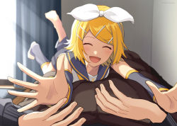 Rule 34 | 1girl, arm warmers, barefoot, blonde hair, bow, closed eyes, collar, commentary, facing viewer, fang, grey collar, grey legwear, grey shorts, grey sleeves, hair bow, hair ornament, hairclip, indoors, kagamine rin, leg warmers, lying, master (vocaloid), morning, nokuhashi, on back, on person, open mouth, outstretched arms, pov, pov hands, ribbed sweater, room, sailor collar, school uniform, shirt, short hair, shorts, smile, sweater, swept bangs, treble clef, under covers, vocaloid, white bow, white shirt, window