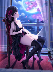 Rule 34 | 1girl, black dress, black footwear, black hair, black thighhighs, breasts, breasts out, chair, cherry blossoms, clothed masturbation, clothes lift, collarbone, dress, dress lift, female masturbation, flower, full moon, hair flower, hair ornament, high heels, highres, kagami (galgamesion), lifting own clothes, long hair, masturbation, medium breasts, moon, night, night sky, nipples, no bra, original, pussy juice, pussy juice puddle, pussy juice trail, red flower, sitting, sky, sleeveless, sleeveless dress, solo, strap slip, thighhighs, thighs, yellow eyes