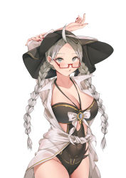 Rule 34 | 1girl, absurdres, ahoge, black one-piece swimsuit, breasts, brooch, cameltoe, collared shirt, commission, commissioner upload, cosplay, fire emblem, fire emblem fates, friday (granblue fantasy), friday (granblue fantasy) (cosplay), glasses, granblue fantasy, grayfox, hat, highres, jewelry, large breasts, nail polish, nina (fire emblem), nintendo, non-web source, official alternate costume, one-piece swimsuit, red nails, shirt, solo, sun hat, swimsuit, thighs, tongue, tongue out, upper body