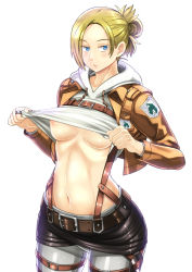 Rule 34 | 1girl, annie leonhart, areola slip, bad id, bad pixiv id, blonde hair, blue eyes, breasts, buckle, clothes lift, cov-r, hood, hoodie, jacket, navel, pants, parted lips, shingeki no kyojin, shirt lift, short hair, simple background, solo, stomach, suspenders, underboob, white background