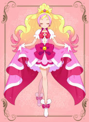 Rule 34 | 1girl, bad id, bad pixiv id, blonde hair, bow, clothes lift, cure flora, dress, dress lift, earrings, closed eyes, gloves, go! princess precure, haruno haruka, jewelry, kanro (nijiiro), long hair, magical girl, multicolored hair, pink background, pink hair, precure, smile, solo, two-tone hair, waist bow, white gloves