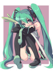 Rule 34 | 1girl, alric, colorized, food, green eyes, green hair, hatsune miku, legs, long hair, matching hair/eyes, panties, pantyshot, saiste, sitting, solo, striped clothes, striped panties, thighhighs, twintails, underwear, vocaloid