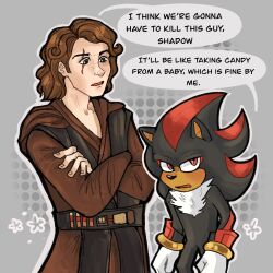 Rule 34 | 2boys, anakin skywalker, animal ears, animal nose, brown hair, brown robe, commentary, crossed arms, crossover, english commentary, english text, gloves, highres, i think we&#039;re gonna have to kill this guy steven (meme), jedi, male focus, meme, multiple boys, red eyes, robe, scar, scar across eye, shadow the hedgehog, simple background, sonic (series), speech bubble, star wars, star wars: revenge of the sith, white gloves, wick2draws