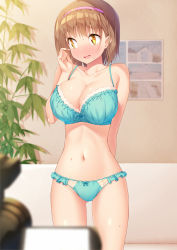 Rule 34 | 1girl, arm behind back, bare arms, bare shoulders, blue bra, blue panties, blurry, blurry foreground, blush, bow, bow panties, bra, breasts, brown hair, collarbone, commentary request, embarrassed, frilled bra, frilled panties, frills, hairband, highres, indoors, kazuma (kazumav), large breasts, looking away, looking to the side, navel, nose blush, original, panties, pink hairband, solo, stomach, sweat, underwear, underwear only, yellow eyes