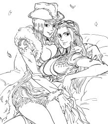 Rule 34 | 2girls, armchair, asymmetrical docking, bad id, bb (baalbuddy), breast press, breasts, chair, cleavage, cowboy hat, dress, dual persona, eyewear on head, fur trim, greyscale, hat, highres, inactive account, large breasts, long hair, looking at viewer, medium hair, monochrome, multiple girls, nico robin, one piece, reclining, short dress, simple background, sitting, sitting on lap, sitting on person, smile, white background