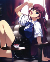 Rule 34 | 10s, 1girl, absurdres, asymmetrical clothes, blue eyes, breasts, cherry, couch, curtains, eating, female focus, food, fruit, fumio (ura fmo), grisaia (series), grisaia no kajitsu, highres, holding, holding food, holding fruit, large breasts, long hair, long legs, looking at viewer, open mouth, purple hair, ribbon, school uniform, skirt, solo, suou amane, window