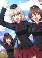 Rule 34 | :d, akaboshi koume, arm around waist, arm up, arms up, black headwear, black jacket, blue eyes, blue sky, brown hair, clenched hand, closed eyes, cloud, cloudy sky, commentary, day, dirty, dirty face, dress shirt, dutch angle, garrison cap, girls und panzer, grey hair, hat, highres, insignia, itsumi erika, jacket, kuromorimine military uniform, long sleeves, looking at viewer, mauko (girls und panzer), medium hair, military hat, military uniform, military vehicle, miniskirt, motor vehicle, omachi (slabco), open mouth, outdoors, pleated skirt, red shirt, red skirt, shirt, short hair, skirt, sky, smile, standing, tank, uniform, wavy hair, wing collar