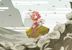 Rule 34 | 1girl, ahoge, artist name, bandaged arm, bandages, bird, commentary, cuffs, double bun, english commentary, flower, green skirt, hair bun, ibaraki kasen, lily pad, mixed-language commentary, mountain, open mouth, pink flower, pink hair, pink rose, puffy short sleeves, puffy sleeves, rose, shackles, shirt, short hair, short sleeves, skirt, solo, tabard, tojorin, touhou, touhou lost branch of legend, white shirt