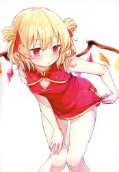 Rule 34 | 1girl, absurdres, alternate costume, alternate hairstyle, bare arms, bare legs, blonde hair, blush, capelet, china dress, chinese clothes, double bun, dress, flandre scarlet, floral print, hair bun, highres, honotai, knees together feet apart, leaning forward, red dress, red eyes, scan, short dress, simple background, sleeveless, sleeveless dress, solo, touhou, white background, wings