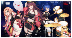 Rule 34 | 3girls, :d, absurdres, alternate costume, awana (user xccs2274), bare shoulders, black headwear, black shirt, blue hair, boo tao (genshin impact), bow, breasts, brown hair, commentary request, cowboy shot, crop top, cymbals, detached sleeves, drum, drum set, electric guitar, genshin impact, green eyes, guitar, guoba (genshin impact), hair rings, hat, highres, holding, holding microphone, hu tao (genshin impact), instrument, long hair, microphone, midriff, miniskirt, multiple girls, navel, no headwear, off shoulder, open mouth, orange eyes, peaked cap, pink hair, red bow, shirt, skirt, small breasts, smile, standing, stomach, thigh strap, thighs, very long hair, xiangling (genshin impact), yanfei (genshin impact)