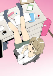 Rule 34 | 1girl, bag, bob cut, book, brown eyes, brown hair, candy, cup, desk, eraser, feet on table, food, from above, indoors, interlocked fingers, legs, lollipop, mattaku mousuke, mouth hold, no shoes, own hands clasped, own hands together, pencil case, school bag, short hair, skirt, socks, solo, trash can