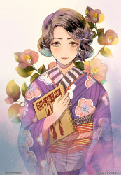 Rule 34 | 1girl, brown background, brown eyes, brown flower, brown hair, closed mouth, commentary request, floral print, flower, highres, holding, japanese clothes, kimono, lips, long sleeves, looking at viewer, obi, original, parted bangs, print kimono, purple kimono, sash, short hair, solo, twitter username, watermark, wide sleeves, yuu (arcadia)