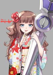 Rule 34 | 1girl, assault lily, blue eyes, brown hair, cover, flower, hair flower, hair ornament, highres, japanese clothes, jewelry, kaede johan nouvel, kimono, lipstick, long hair, makeup, nail polish, ring, solo, wavy hair, weapon, wednesday (starsilver)